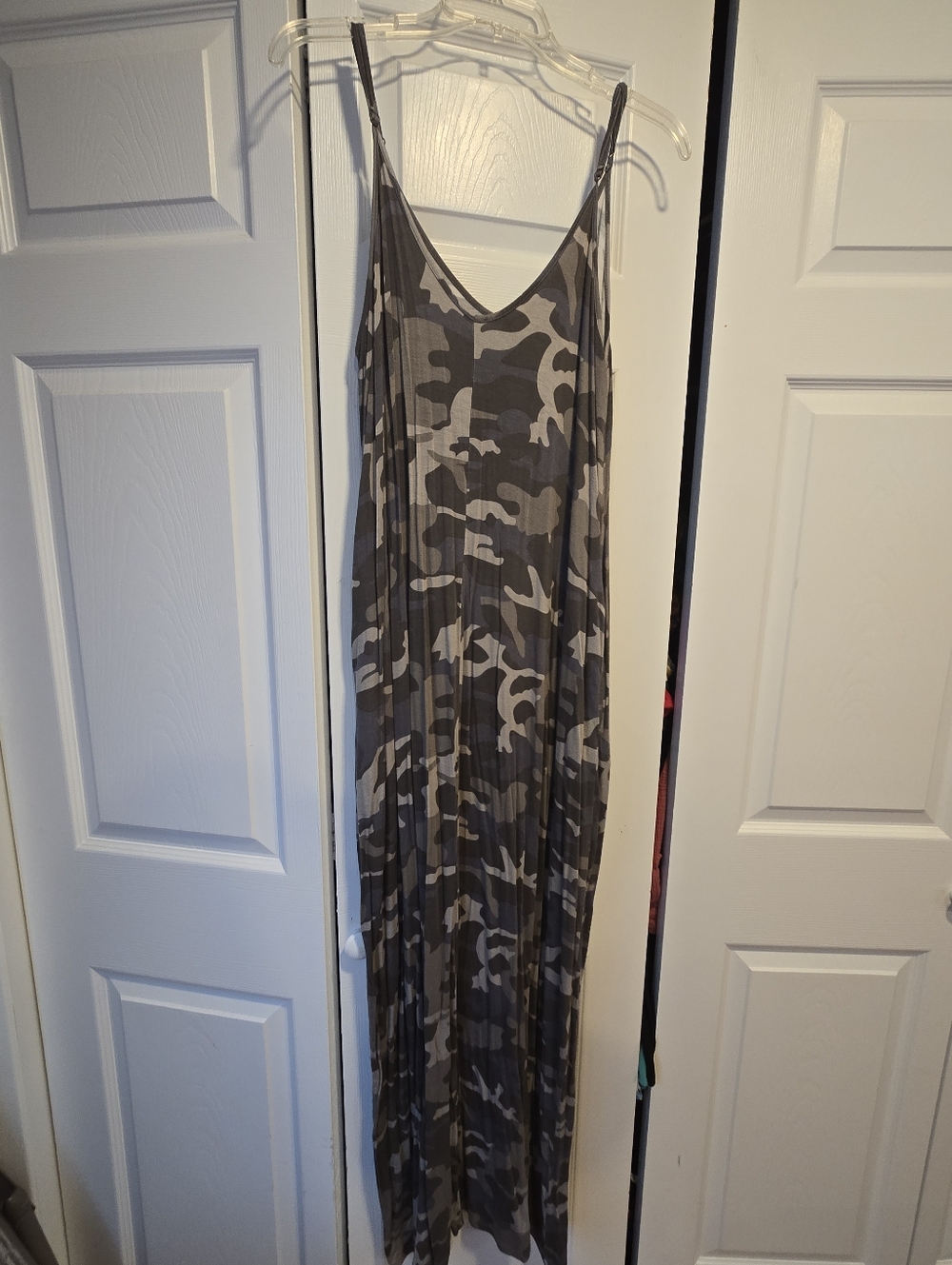 Zenana Outfitters Gray Camo Maxi Dress with Spaghetti Straps